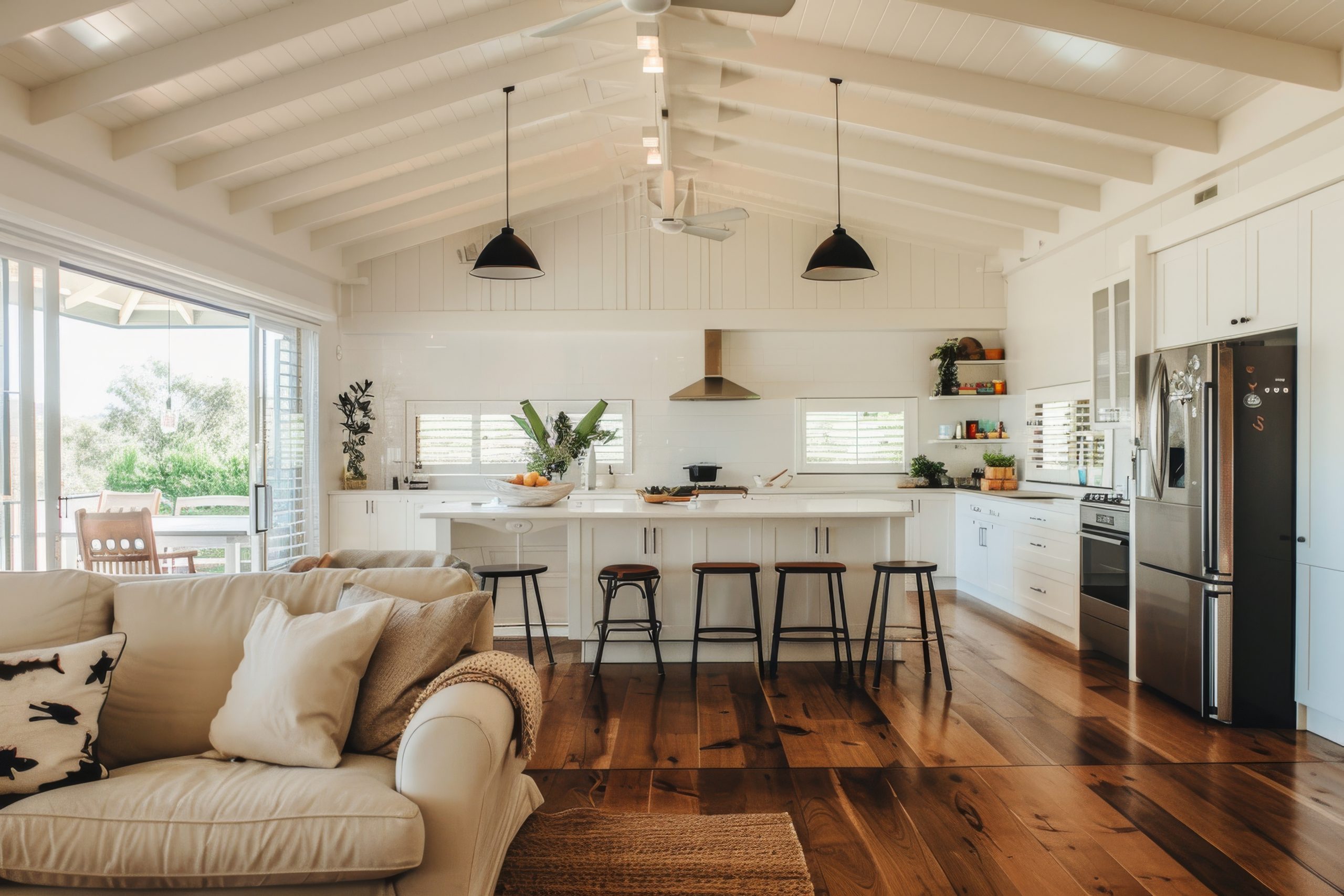 Luxury kitchen with white walls and wooden floor. Nobody inside Couple considering downsizing for retirement